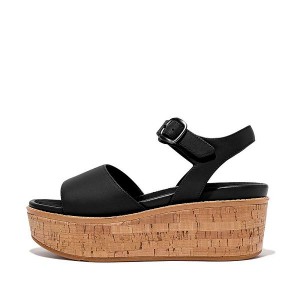 FitFlop Eloise Cork-Wrap Leather Wedge Women's Sandals Black | 531UAGINY