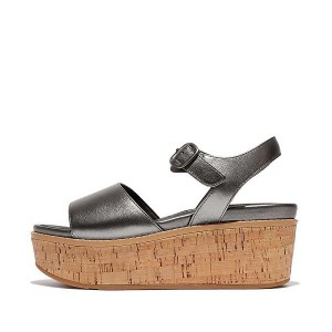 FitFlop Eloise Cork-Wrap Metallic Leather Back-Strap Wedge Women's Sandals Blue / Grey | 290HITSKO