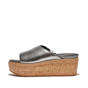 FitFlop Eloise Cork-Wrap Metallic Leather Wedge Women's Slides Blue / Grey | 169DYOHRQ