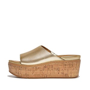 FitFlop Eloise Cork-Wrap Metallic Leather Wedge Women's Slides Brown / Gold | 048TOEJKP