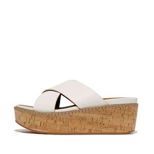 FitFlop Eloise Leather Cork Wedge Cross Women's Slides White | 051OIRQFS