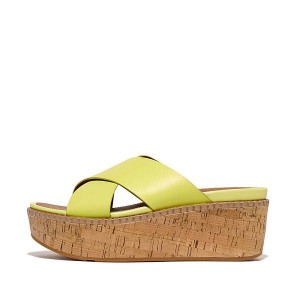 FitFlop Eloise Leather Cork Wedge Cross Women's Slides Light Green | 187LFWAXO