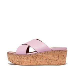 FitFlop Eloise Leather Cork Wedge Cross Women's Slides Purple | 250LHTUMA