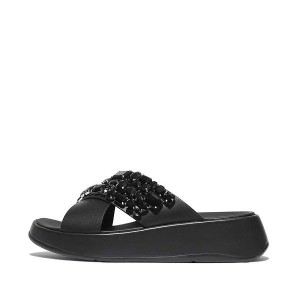 FitFlop F-Mode Jewel Deluxe Leather Flatform Cross Women's Slides Black | 480SRTOLH