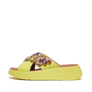 FitFlop F-Mode Jewel Deluxe Leather Flatform Cross Women's Slides Light Green | 953TAIVWN