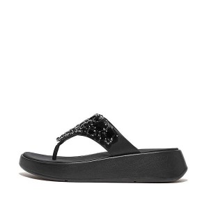 FitFlop F-Mode Jewel Deluxe Leather Flatform Toe-Post Women's Sandals Black | 987LWQJDI