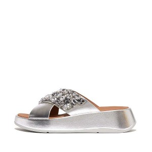 FitFlop F-Mode Jewel Deluxe Metallic Leather Flatform Cross Women's Slides Silver | 023QGTRXM