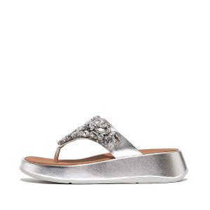 FitFlop F-Mode Jewel Deluxe Metallic Leather Flatform Toe-Post Women's Sandals Silver | 902PRFKJX