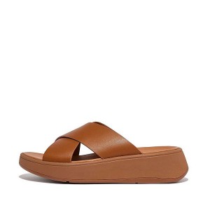 FitFlop F-Mode Leather Flatform Cross Women's Slides Light Brown | 916QMHUCS