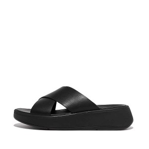 FitFlop F-Mode Leather Flatform Cross Women's Slides Black | 182TVXWNG