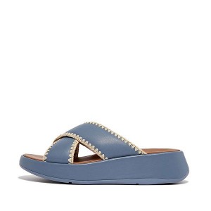 FitFlop F-Mode Leather Flatform Cross Women's Slides Blue | 798MHINJW