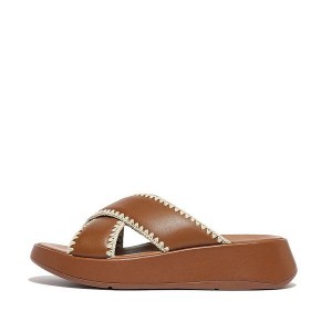 FitFlop F-Mode Leather Flatform Cross Women's Slides Light Brown | 695QJEYHS