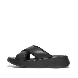 FitFlop F-Mode Leather Flatform Cross Women's Slides Black | 051XELWTU