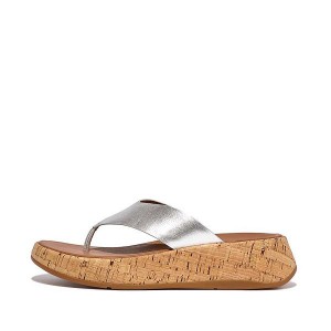 FitFlop F-Mode Metallic Leather Cork Flatform Toe-Post Women's Sandals Silver | 234NPRKFH