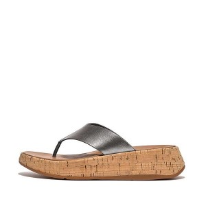 FitFlop F-Mode Metallic Leather Cork Flatform Toe-Post Women's Sandals Blue / Grey | 402XVDRNU