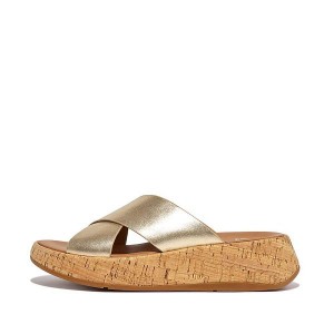 FitFlop F-Mode Metallic Leather Cork Flatform Cross Women's Slides Brown / Gold | 194RISXVU