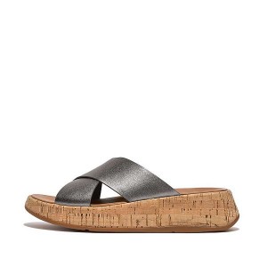 FitFlop F-Mode Metallic Leather Cork Flatform Cross Women's Slides Blue / Grey | 048KHNDCJ