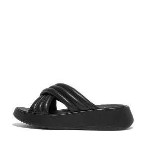 FitFlop F-Mode Padded Leather Flatform Cross Women's Slides Black | 156ZRAJSB