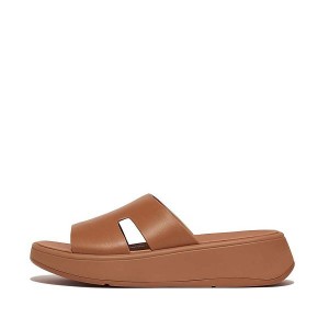 FitFlop F-Mode Raw Edge Leather Flatform H Bar Women's Slides Light Brown | 289CGJXLU