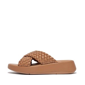 FitFlop F-Mode Woven Leather Flatform Cross Women's Slides Brown | 758GIPCHE