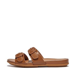 FitFlop Gracie Buckle Two Bar Leather Women's Slides Brown | 254YHDGOK