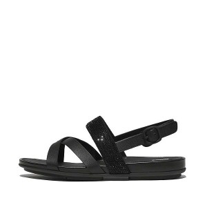 FitFlop Gracie Crystal Leather Strappy Back-Strap Women's Sandals Black | 672VPFOXA