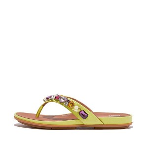 FitFlop Gracie Jewel Deluxe Leather Women's Flip Flops Light Green | 315FWZQAJ