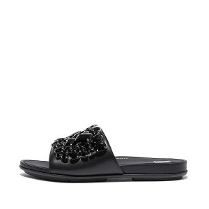 FitFlop Gracie Jewel Deluxe Leather Women's Slides Black | 503ZGNTEX