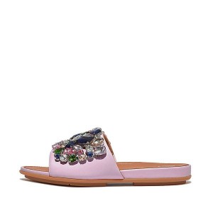 FitFlop Gracie Jewel Deluxe Leather Women's Slides Purple | 451GWCPQA