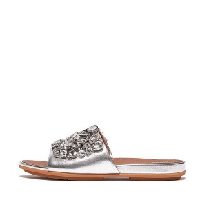 FitFlop Gracie Jewel Deluxe Metallic Leather Women's Slides Silver | 640LXBWGR