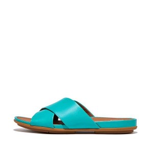 FitFlop Gracie Leather Cross Women's Slides Blue | 862OALZXD