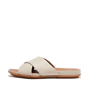 FitFlop Gracie Leather Cross Women's Slides Grey / Beige | 423WZVTYK