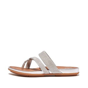 FitFlop Gracie Shimmerlux Strappy Toe-Post Women's Sandals Silver | 037DGKEQO