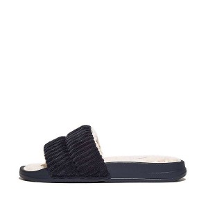 FitFlop Iqushion Biofleece Lined Corduroy Women's Slides Navy | 932KAISFL