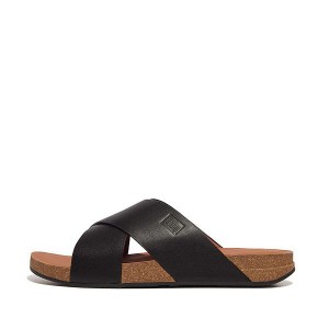 FitFlop Iqushion Leather Cross Men's Slides Black | 480PTQMZO