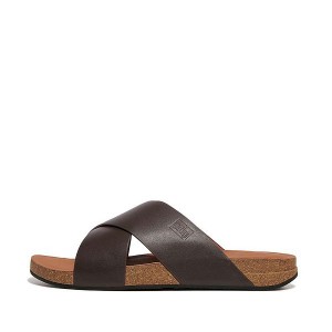 FitFlop Iqushion Leather Cross Men's Slides Brown | 987GJOKRC