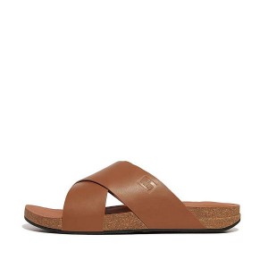 FitFlop Iqushion Leather Cross Men's Slides Light Brown | 681QOBWGR