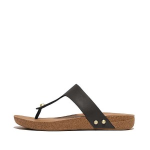 FitFlop Iqushion Leather Toe-Post Women's Sandals Black | 812RZXFGV