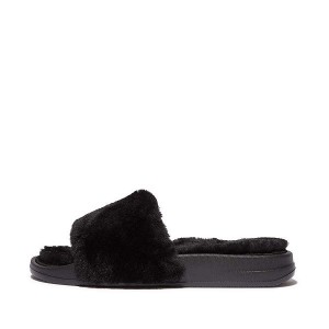 FitFlop Iqushion Shearling Women's Slides Black | 061KOBMEA