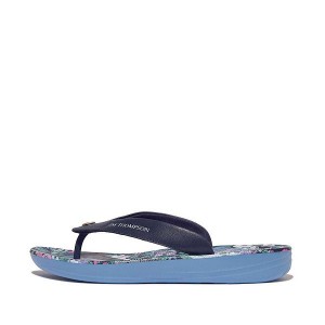 FitFlop Iqushion X Jim Thompson Limited Edition Leather Women's Flip Flops Blue | 540JHNIEX