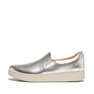 FitFlop Rally Metallic Leather Slip On Skate Women's Sneakers Silver | 401AXZKOP