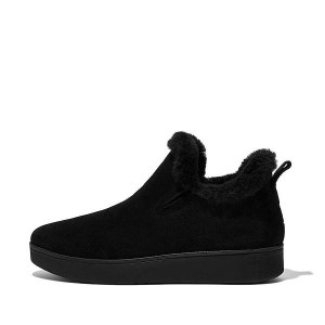 FitFlop Rally Shearling Lined Suede Slip On Women's Sneakers Black | 642EGWQDK