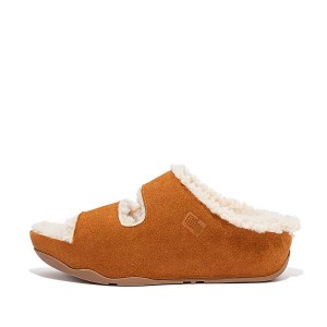 FitFlop Shuv Two Bar Shearling Suede Women's Slides Light Brown | 905QNOPRA