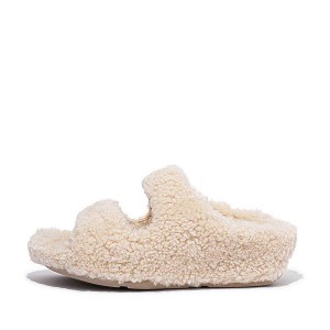 FitFlop Shuv Two Bar Shearling Women's Slides White | 038MTGYHV