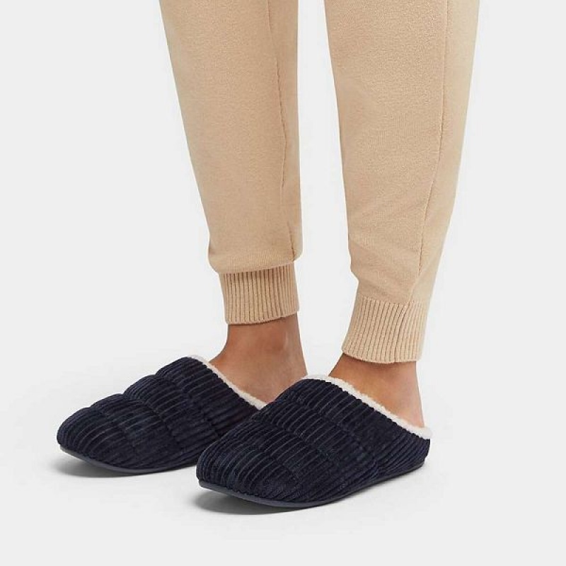 FitFlop Chrissie Biofleece Lined Corduroy Women's Slippers Navy | 076VWESZQ