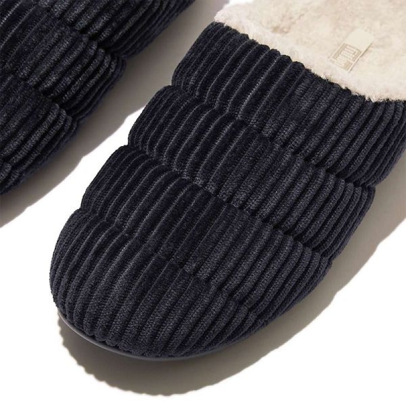 FitFlop Chrissie Biofleece Lined Corduroy Women's Slippers Navy | 076VWESZQ