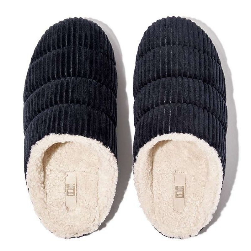 FitFlop Chrissie Biofleece Lined Corduroy Women's Slippers Navy | 076VWESZQ