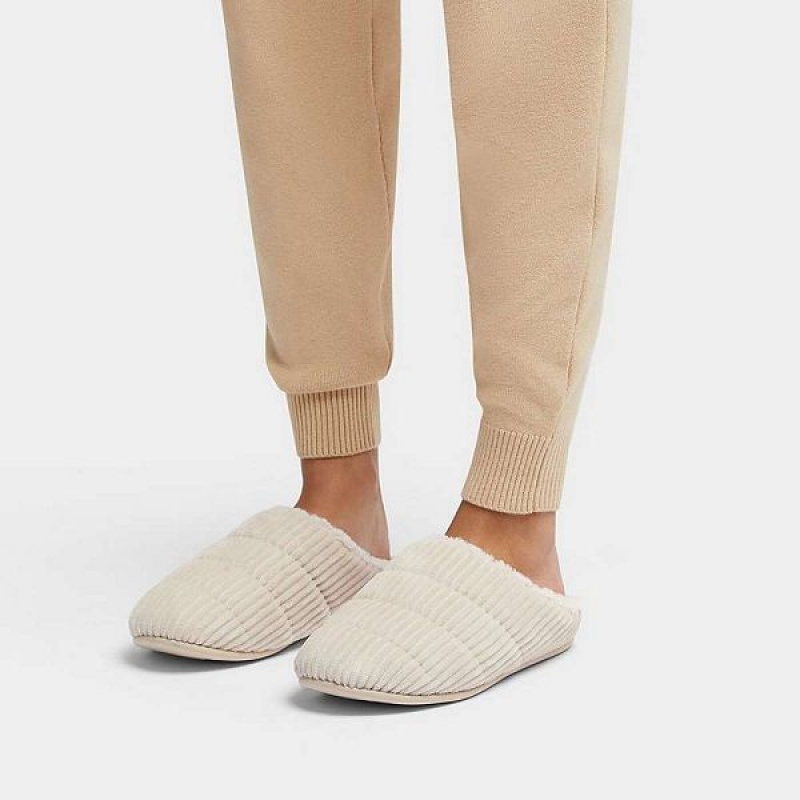 FitFlop Chrissie Biofleece Lined Corduroy Women's Slippers White | 350ZHGTKF