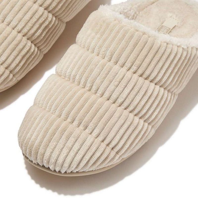 FitFlop Chrissie Biofleece Lined Corduroy Women's Slippers White | 350ZHGTKF