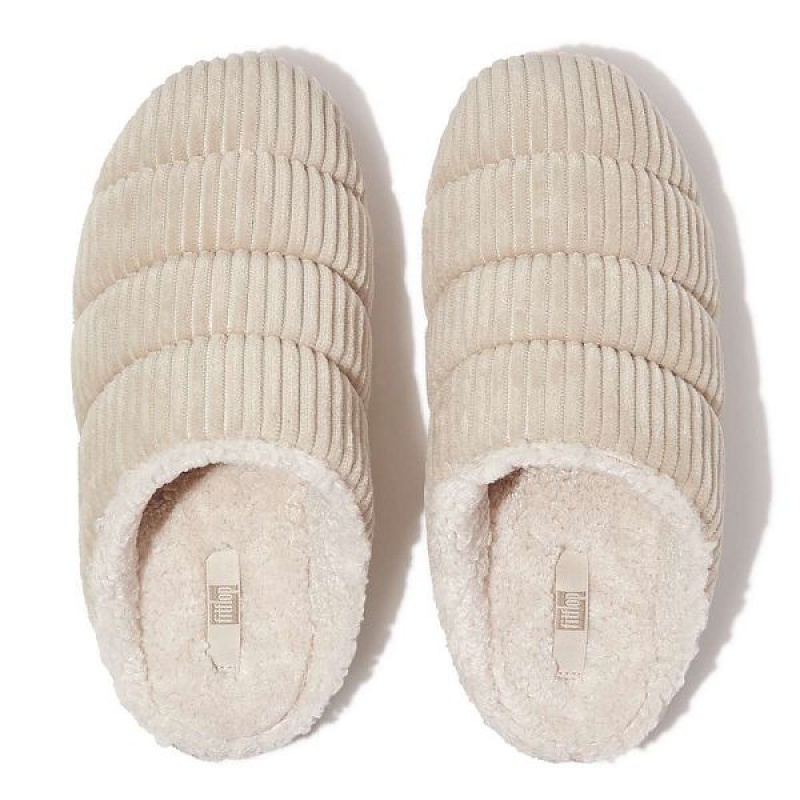 FitFlop Chrissie Biofleece Lined Corduroy Women's Slippers White | 350ZHGTKF